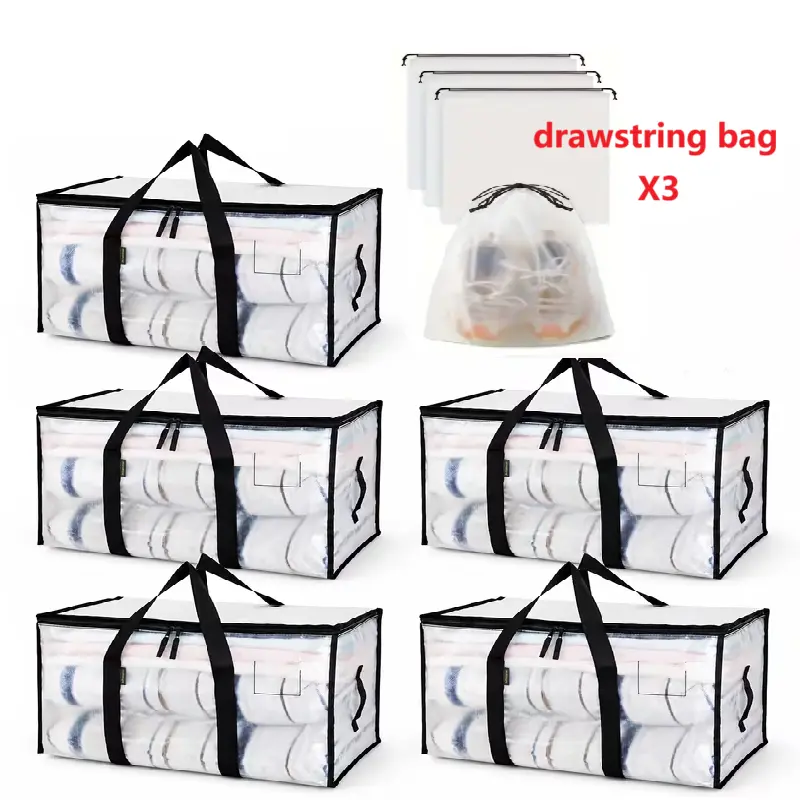 5 Pack Extra Large Clothes Storage Bins with Lids, Moving Bags, Clear | Storage Bags with Reinforced Handles & Heavy-Duty Zippers, Moving Boxes Totes for Clothes Packing, Dorms, College Supplies