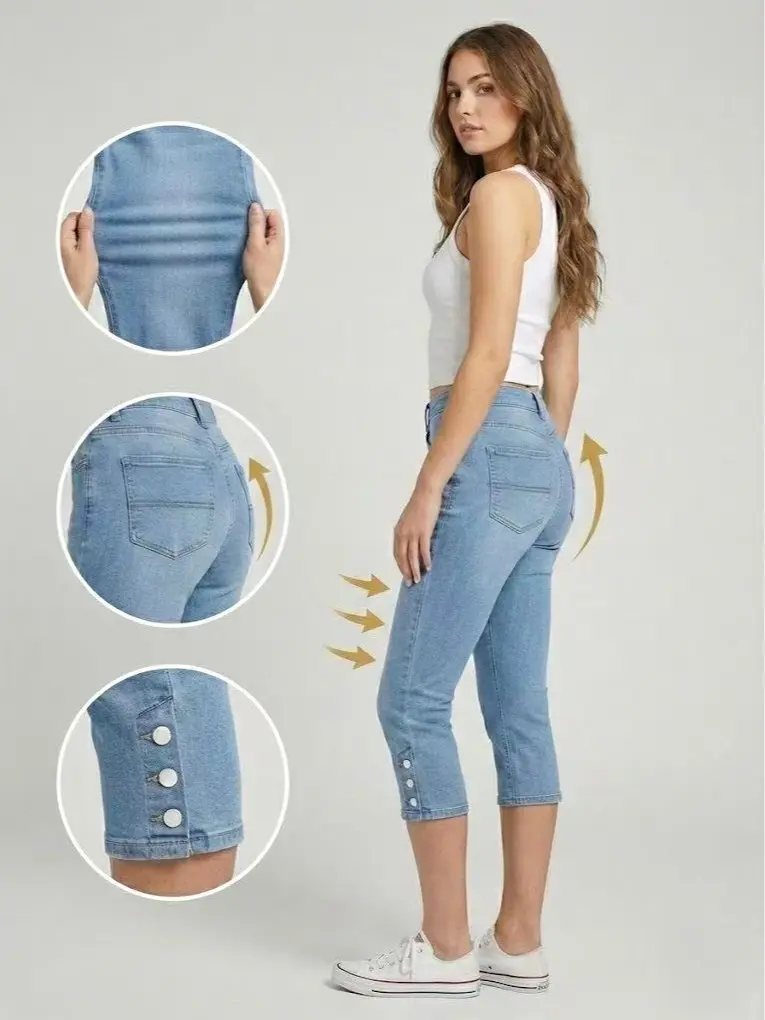 Women's Plain Retro Cropped Denim Jeans - Buttery Soft Fabric, Stretch Slim Fit, Vintage Wash, Below the Knee Capris for Casual Summer, Basic, Size Up, Bottom, Stretch Jeans, Day, Fashion
