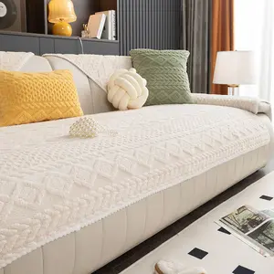 Solid Color Non-Slip Sofa Cover Thickened Cotton Fleece One-Piece Stretch Couch Cushion Protector Soft Comfortable Durable for Living Room