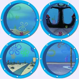 SpongeBob Inspired Ocean Porthole Wall Decals - Trendy Room Decor 4pcs Decorative Gift Stickers Posters Tape Ornaments Tiles Sticker Vinyl