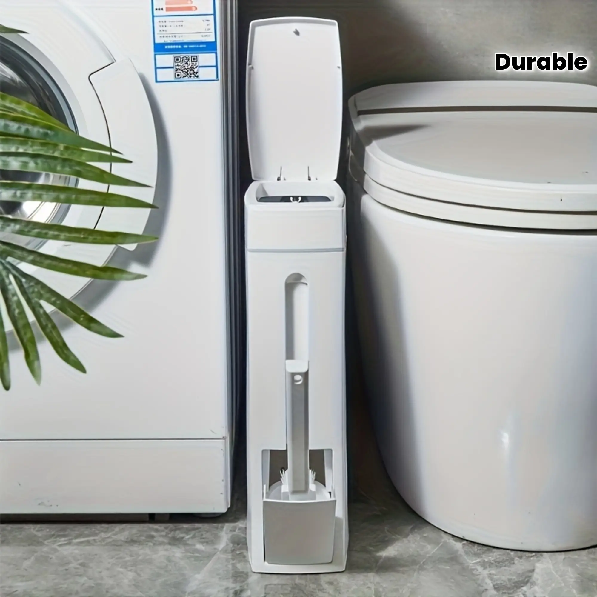 Press-to-Open Lid Space-Saving Bathroom Trash Can, Bathroom Garbage Can with Integrated Toilet Brush Holder - Durable Plastic Minimalist Design for Small Bathrooms, No Electricity Needed, Nodrill Installation