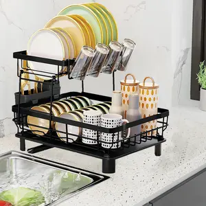 Dish drying rack, double-layer, space saving dish rack, kitchen counter dish drain rack, with detachable cutlery rack, black Installation