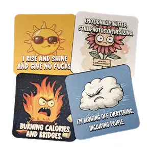 Set of 4 Neoprene Coasters with Sassy and Sarcasm Quotes & Illustrations of Stressed Out Nature Elements - Soft Neoprene with Natural Rubber Backing - 4" Square Size - Permanent Sublimation Design - Protects Surfaces & Adds Personality