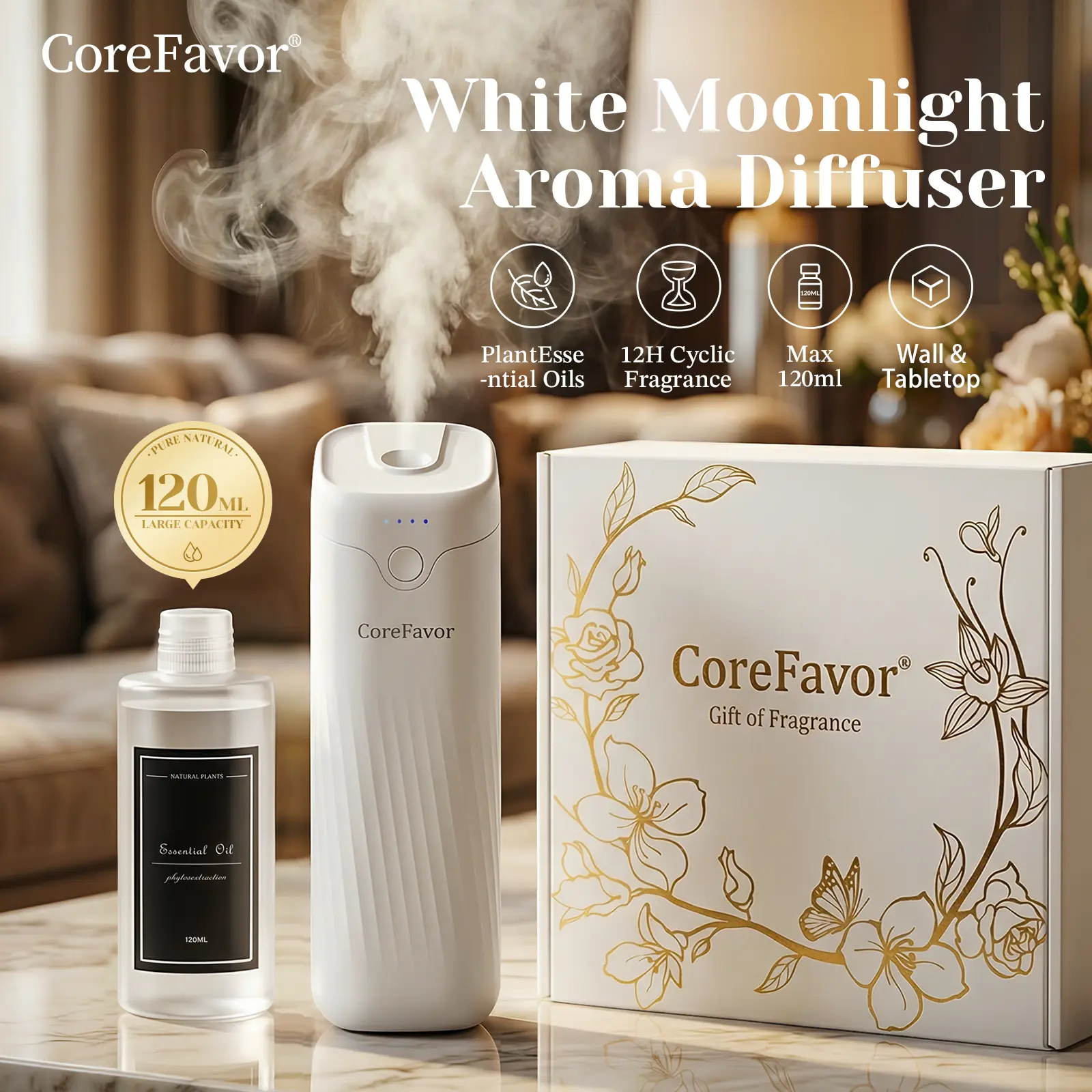 CoreFavor Waterless Essential Oil Diffuser with 120ml oil, wall-mountable and USB rechargeable, featuring 4 adjustable scent intensities and low-noise operation. Suitable for bedrooms, offices, bathrooms and cars.