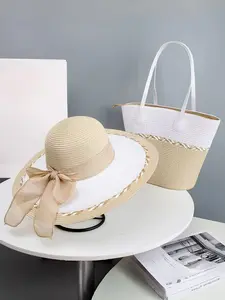 Women's Colorblock Handwoven Large Capacity Open Beach Bag and Sun Hat, Fashionable Foldable, Perfect for Summer Beach Vacation Outdoor Activities Beach Tote