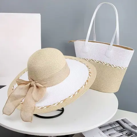 Women's Colorblock Handwoven Large Capacity Open Beach Bag and Sun Hat, Fashionable Foldable Design, Perfect for Vacation and Outdoor Activities, Summer Tote Bag, Beachy Purse