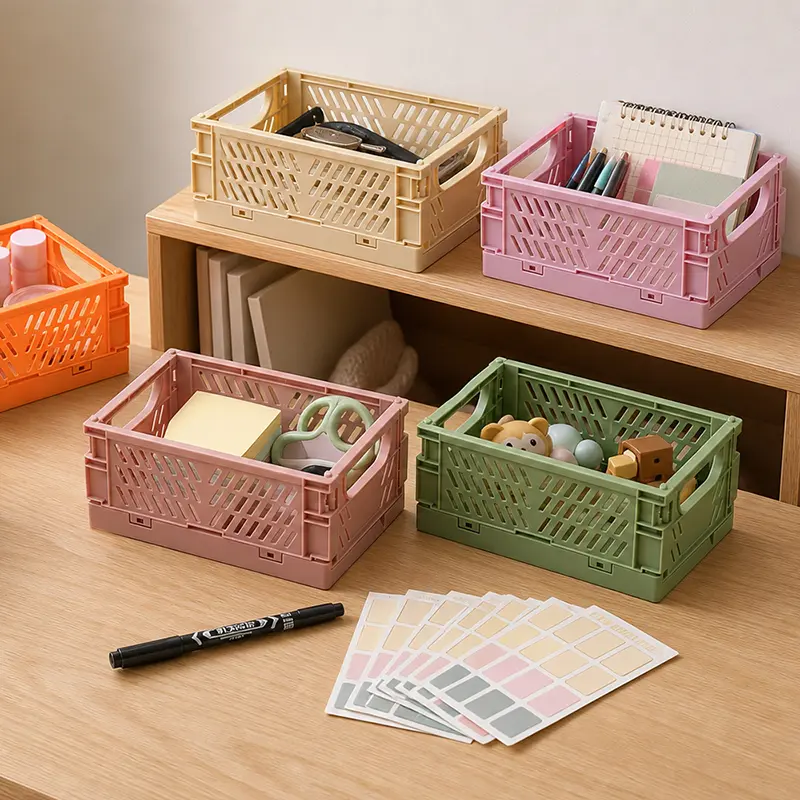 6pcs Waterproof Foldable Storage Baskets (5.98×3.94×2.40 in) - 10 Sticker Sheets+1 Marker Pen, Durable Stackable Hollow Organizers for Drawer, Dresser, Desk Storage, Kitchen Home Office Bathroom - Ideal for Toys, Stationery, Plastic