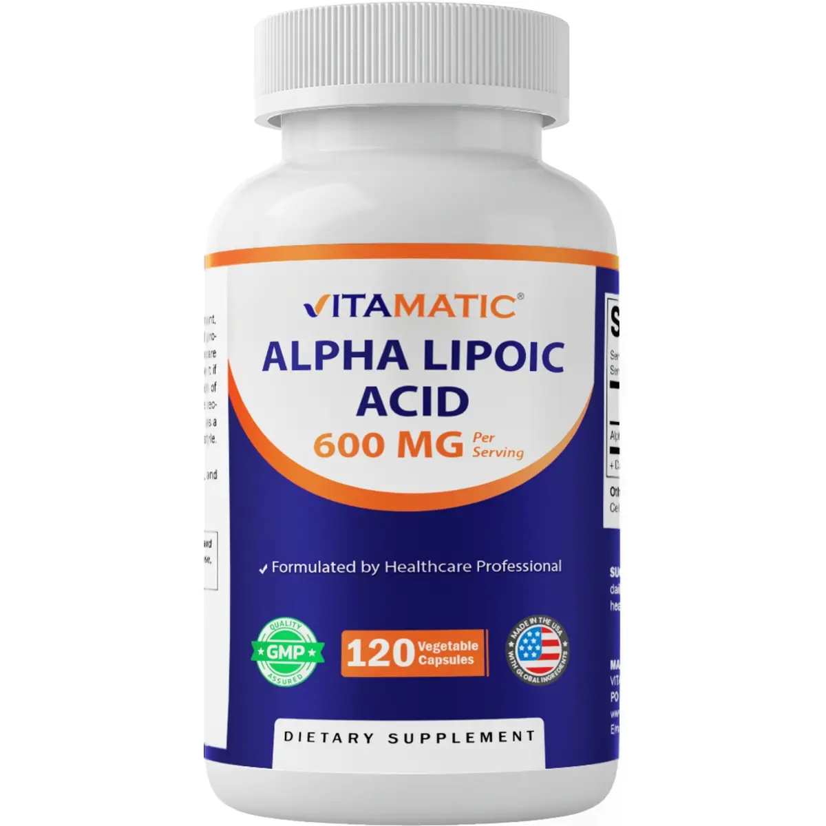 Vitamatic Alpha Lipoic Acid (ALA) 600mg Unflavored Supplement, Antioxidant Support, 120 Capsules