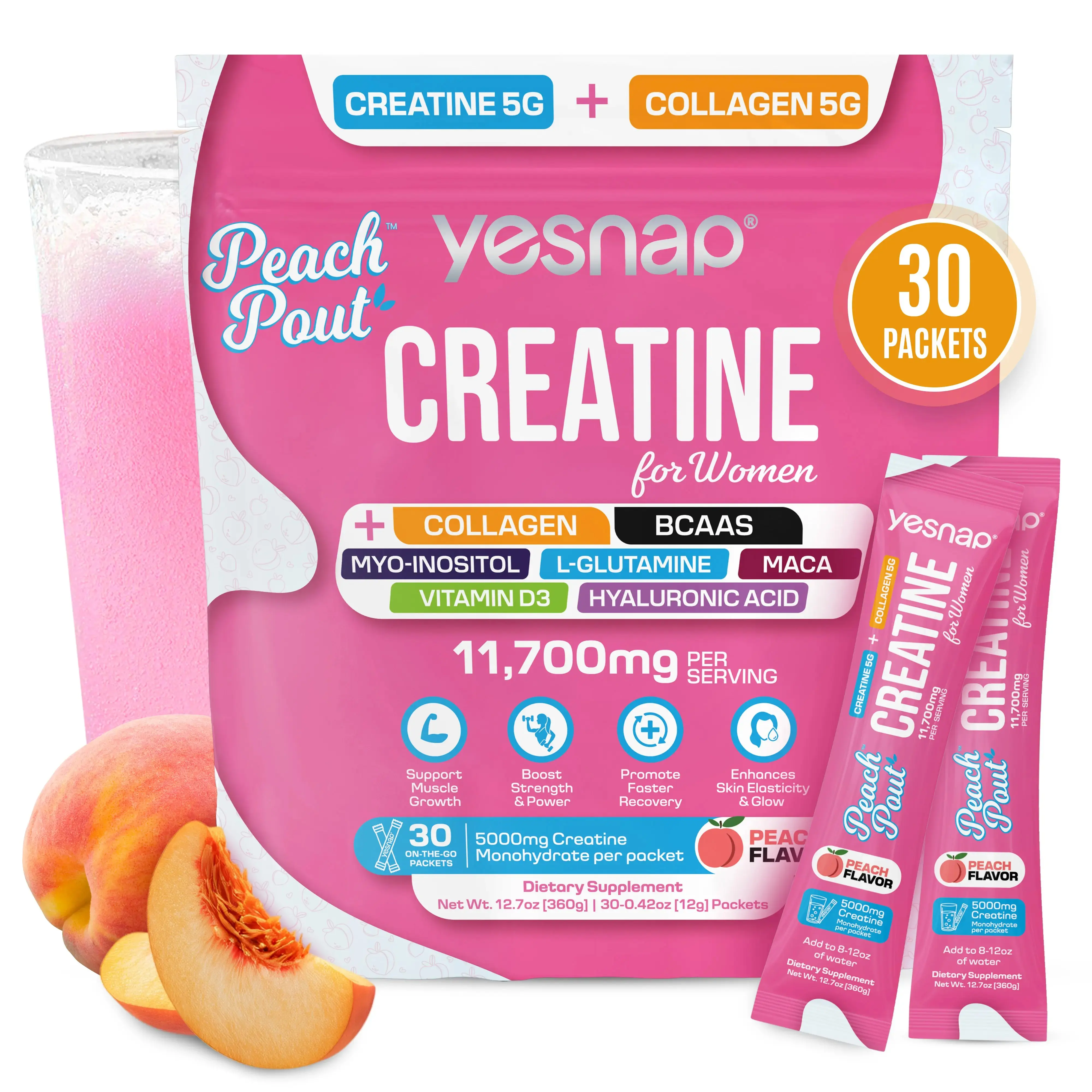 YESNAP PeachPout Creatine for Women, 5g Creatine Monohydrate + 5g Collagen Powder, Myo-Inositol & BCAA, MACA, Hyaluronic Acid, Delicious Peach Flavor, 30 Packets, All-in-One Women Wellness Supplement