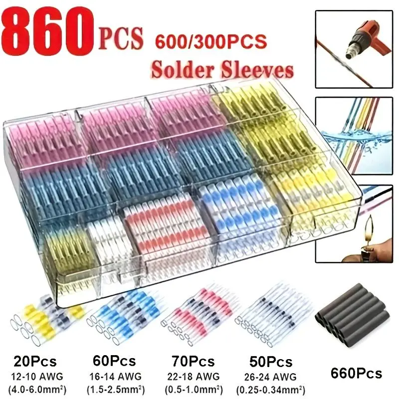 860pcs Solder Seal Wire Connectors, Solder Sleeves, Butt Connector, Insulated Electrical Butt Splice Wire Terminals, Wiring for Marine Automotive Boat Truck Wire Joint, Soldering Accessories