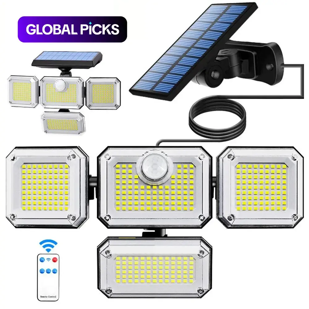 Commercial 4-Head Solar Outdoor Flood Light, 333 LED Solar Leds Security Lamp with Motion Sensor and Remote Control, Solar Motion Lighting, Solar Lights Outdoor, Ideal for Yards, Garages, Porches, Courtyards #GLOBAL PICKS