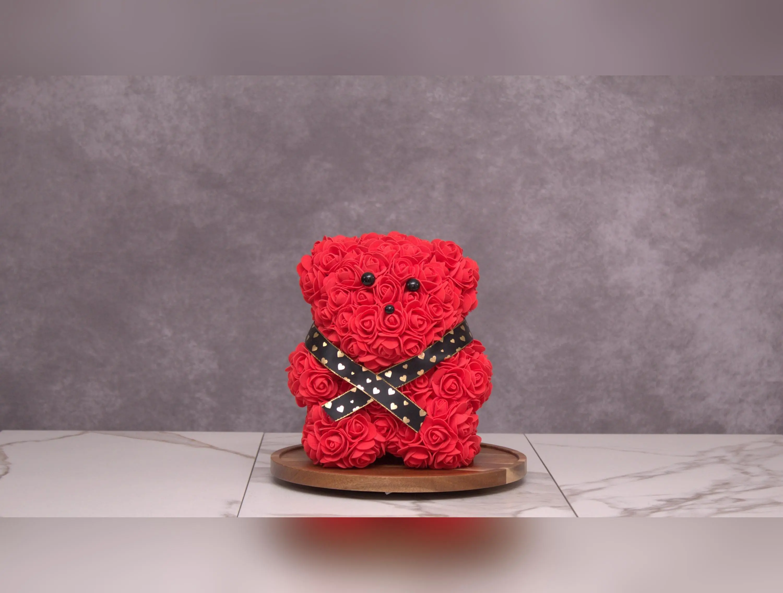Handcrafted Rose Teddy Bear – Red Faux Flower Bear