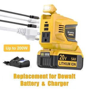 200W Power Inverter for Dewalt 20V Battery,  Power Station with a 5AH Battery & a Charging Station, DC 20V to AC 110V-120V, with 2 USB-A & 1 Type-C & 1 AC Outlet