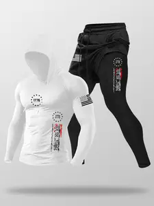 Men's Spring & Fall Sports Set, Long Sleeve Hoodie & Two-Piece Pants, Flag Print, Casual Outdoor Basketball Wear, Tracksuit Set