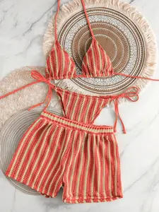 New Two-Piece Bikini Set, Retro Vibrant Color Striped Swimsuit, Sexy Triangle Top & Low Waist Shorts, Perfect for Beach & Casual Scenery