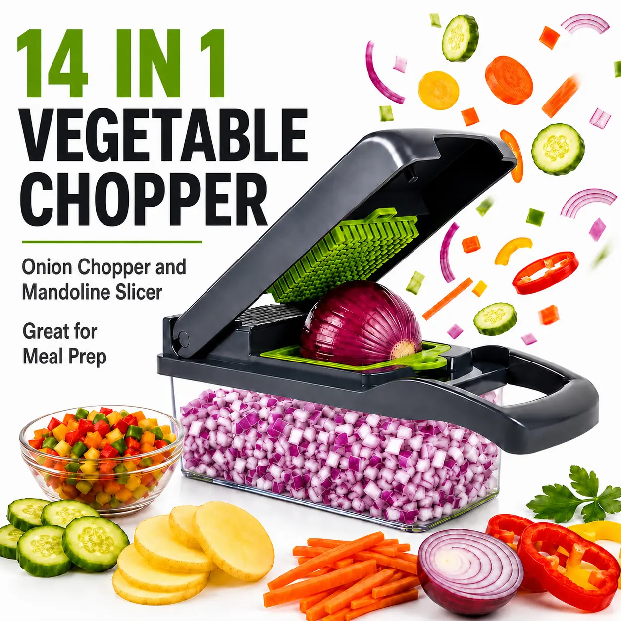 MIUVA Chopper TikTok Shop Must Haves 14 in 1 Vegetable Chopper Onion Chopper Mandoline Slicer with Container Stainless Steel Blades Food Dicer for Meal Prep Salad Salsa Kitchen