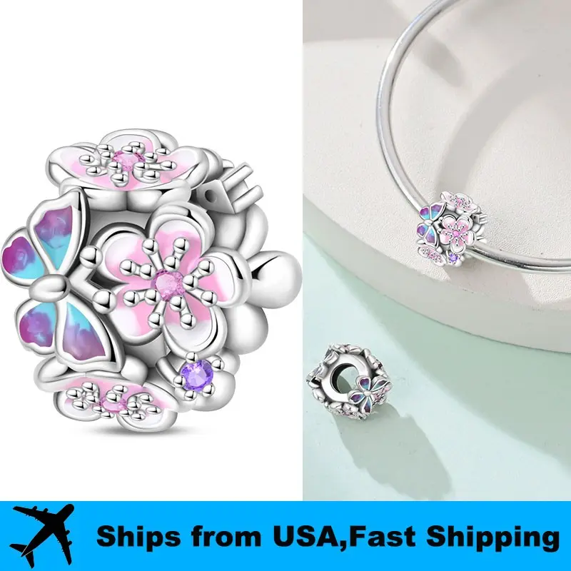 Original jewelry, 1 piece S925 sterling silver butterfly love flower beads, suitable for original 3mm bracelet necklace keychain DIY pendant to make women's gifts, suitable for birthday and holiday party gifts