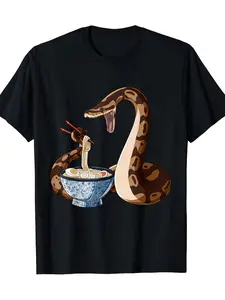 Funny Japanese Kawaii Ramen Snake Ball Python T-Shirt Cute Reptile Ramen Design Soft Breathable Casual Round Neck Tee for Men Unisex Anime Conventions Pyton Lovers Gift, Plus Size