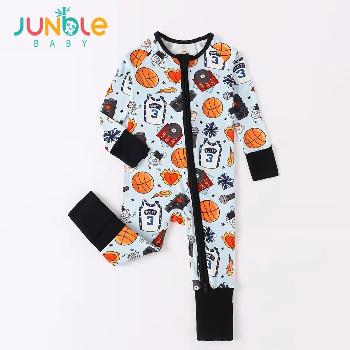 JUNBLEBABY Tight Fit Long Sleeve Bamboo Romper, Unisex Car, Basketball & Music Print with 2-Way Zipper, Convertible Sleepsuit 0-3T, Bamboo Onesies, Crew Neck, Vehicles, 0 - 3 Years, Bamboo Toddler Outfit, Fun Themed Bodysuits