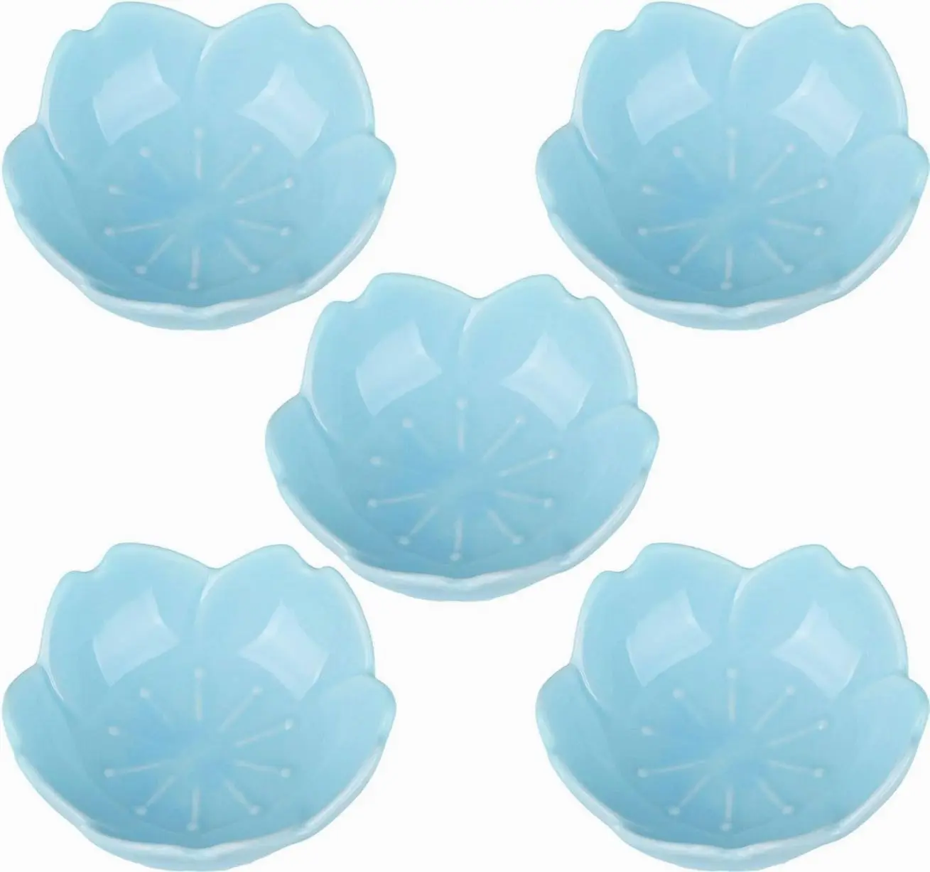 Blue Cherry Blossom Dish Set, Cute Pink Ceramic Plates, Sauce/Seasoning Dish, Sushi Dishes, Soy Dipping Bowl, Dessert, Appetizer Plates, Serving Dish for Kitchen Home – Set of 5