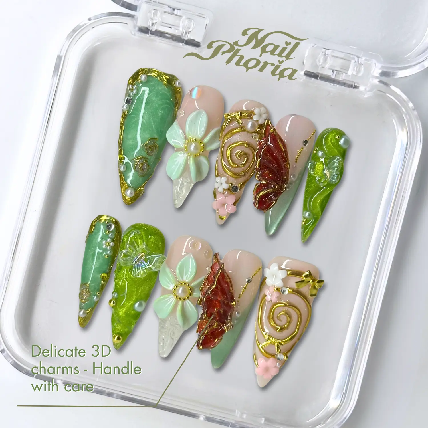 NailPhoria BUTTERFLY FAE - Handmade Press-On Nails | Reusable, Salon-Quality, Long-Lasting, Glossy Design Manicure Art