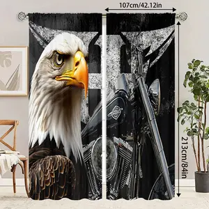 2 pieces of vintage eagle and motorcycle patterned curtains - window stem pocket curtains, suitable for bedrooms, offices, and living rooms - machine washable, polyester fiber material, semi transparent landscape theme decoration, pole free