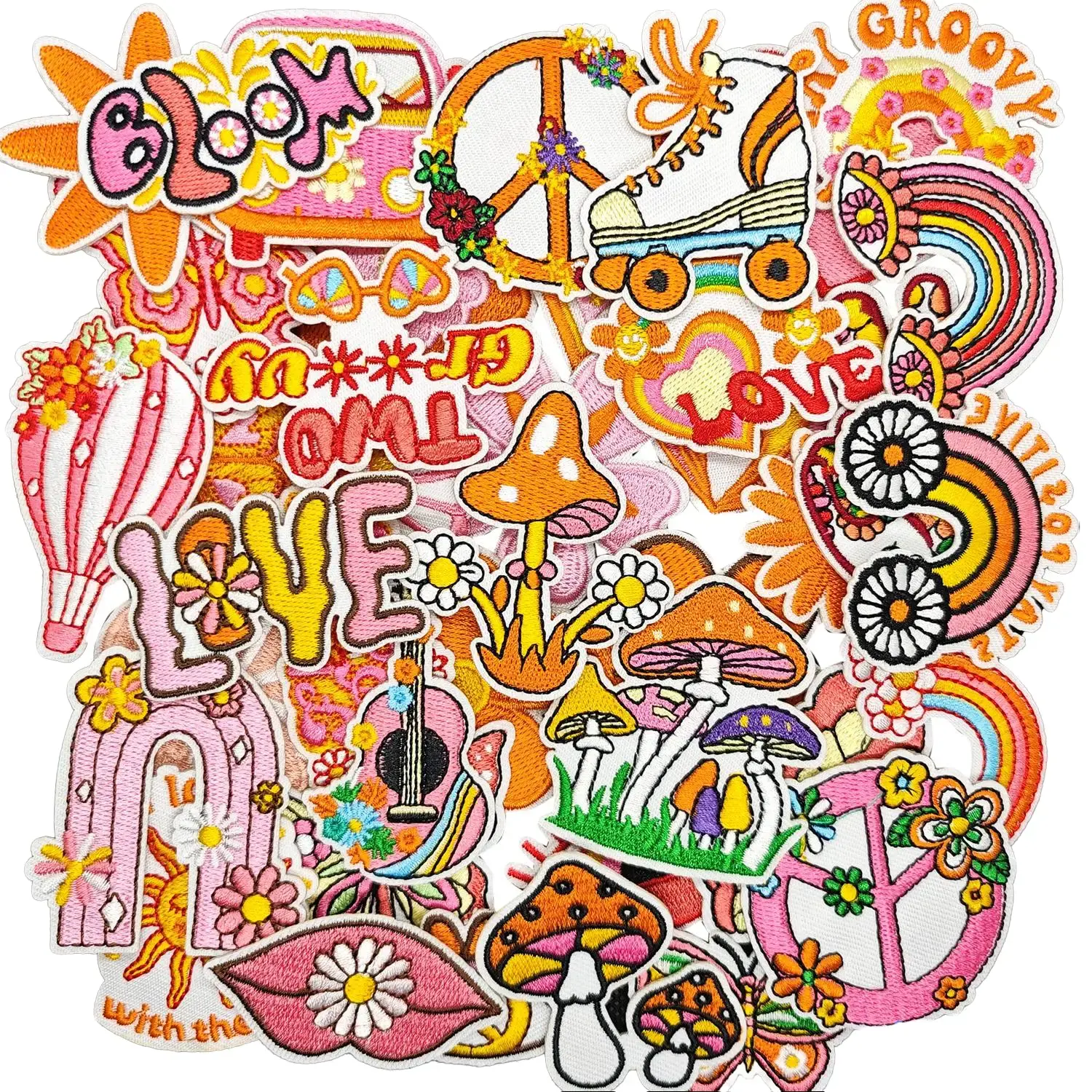 40PCS Summer Flower Blosom Mushroom Vibrant Orange Butterfly Iron on Embroidered Patches Retro Hippie Motif Sew on Iron on Embroidery Appliques for Decoration on Clothes, Bags, Hats etc patch iron