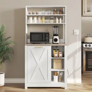 Bakers Rack Microwave Stand Cabinet with Trash Can Bin Cabinet and Power Outlet 6-Tiers Farmhouse Kitchen Tall Thickened Coffee Bar Table Station with Storage Shelf, White