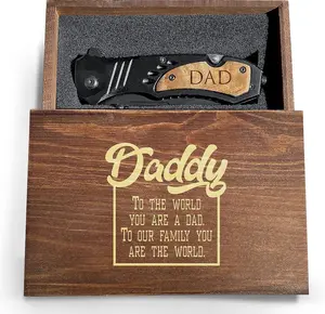 Folding Knife for Dad, Pocket Knife W/Engraved Wooden Box Hunting Knife for Dad, Fathers Day Christmas Gift