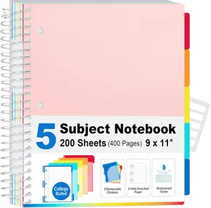 5 Subject Notebook College Ruled - 400 Pages, 9"x11", 5 Pocket Colored Dividers, 3-Hole Punched Paper, Pink