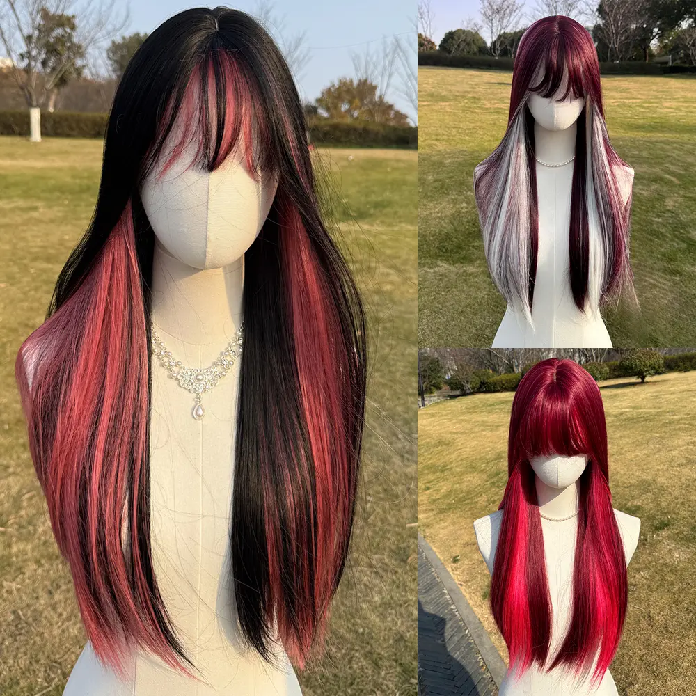 SMILCO 24" Straight Black Pink Highlight Synthetic Wig with Curtain Bangs, Glueless Full Machine Cap, Natural-Looking Scalp, Adjustable Straps, Soft Texture SM408