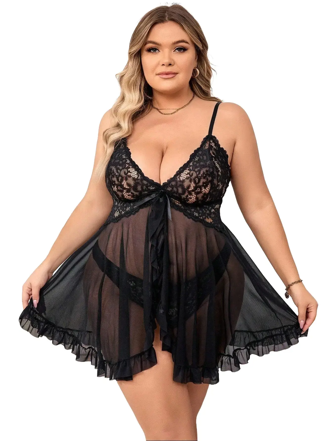Women's Fashion Plus Size 2-Piece Sleeveless Sheer Lace  Babydoll Lingerie - Adjustable Thin Straps, Deep V Front Tie, Ruffled Mesh, Back Hollow, Drape Loose Figure-Friendly Nightwear for Curvy Ladies, dress party night