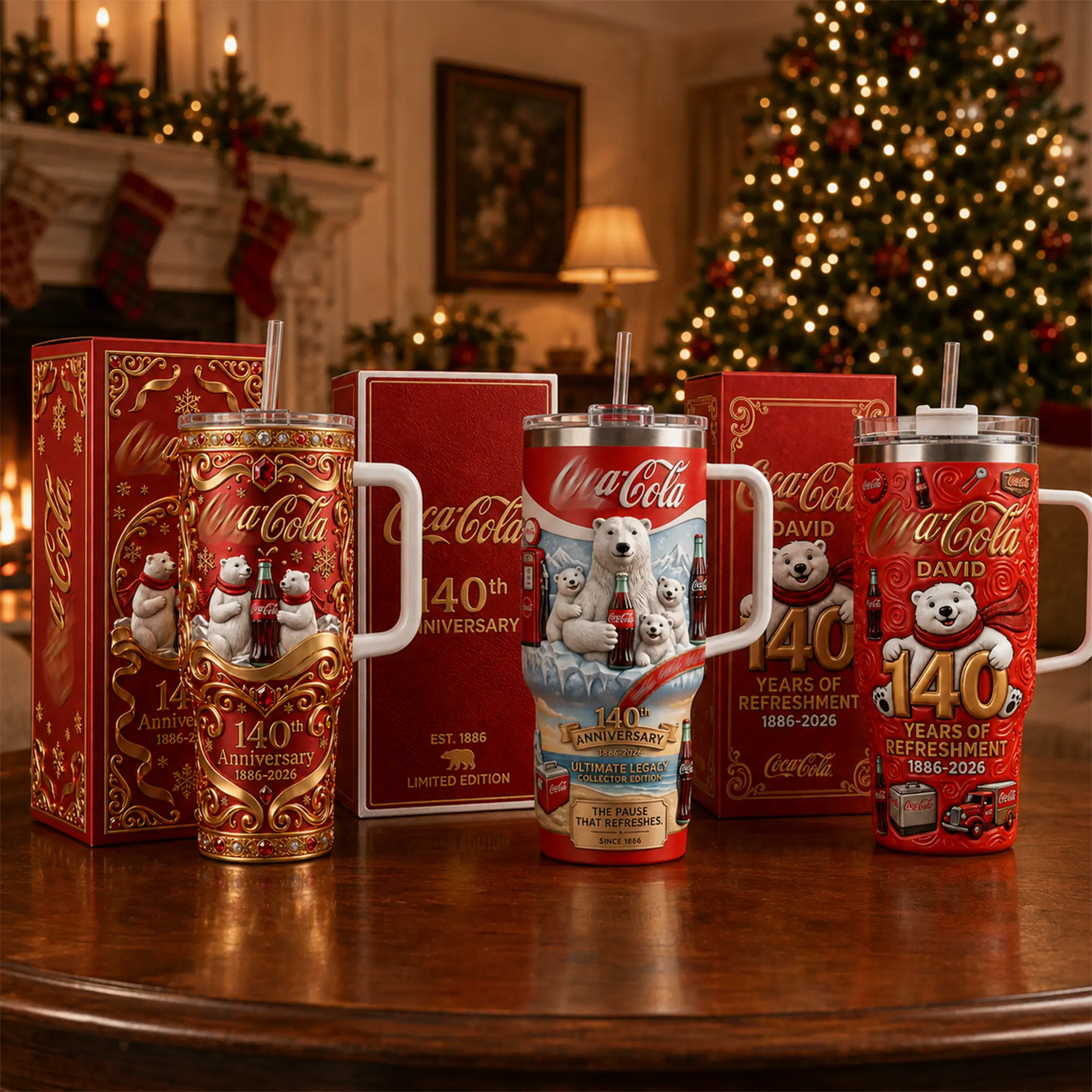 [Collection] 140th Anniversary 40oz Tumbler Collection with Handle & Straw, Christmas Polar Bear Collector Cups, Vintage Red Holiday Insulated Travel Mugs, Limited Edition Drinkware, Christmas Gift