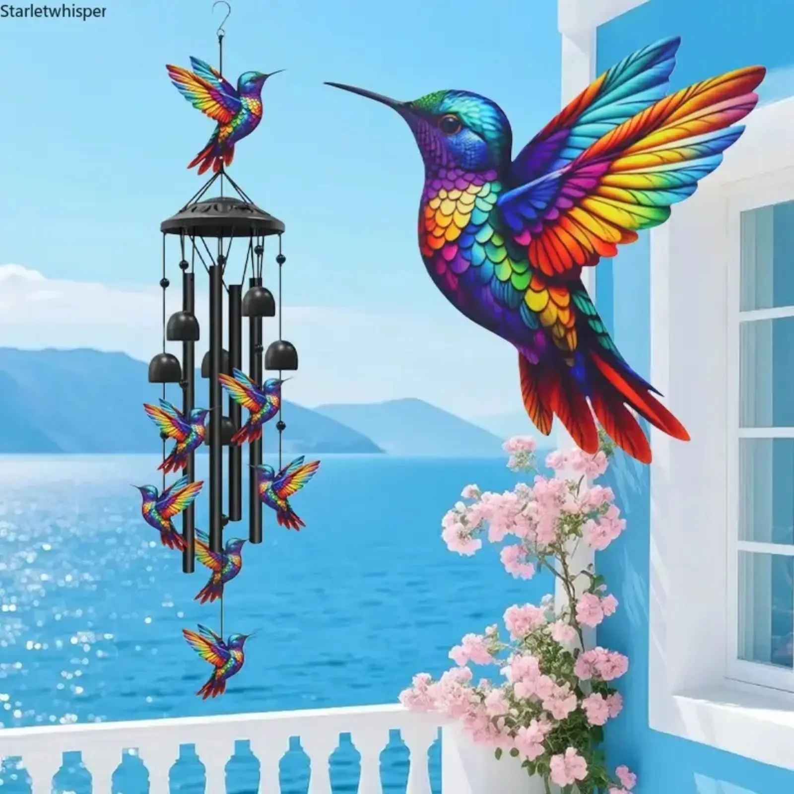 Hummingbird Metal Wind Chimes with Metal Parts - Decorative Outdoor Decor, Melodious Tune Hanging Piece, Whimsical Birds Design, Hangs Easily, Memorial Gift for Mom (Sports & Outdoor Camping Hiking Hammock Accessory)