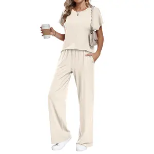 AUSELILY Cloud Soft 2 Piece Sets for Women Crew Neck Batwing Sleeve Top and Wide Leg Pants Lounge Casual Wear Home Outfit
