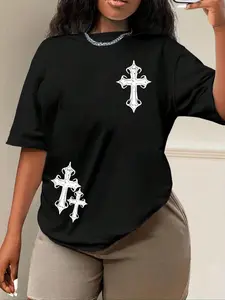 Women's Cross Print Graphic Round Neck Jersey Tee, Trendy Casual Streetwear Everyday Drop Shoulder Half Sleeve Fit T-shirt for Daily Wear, Ladies Summer Top