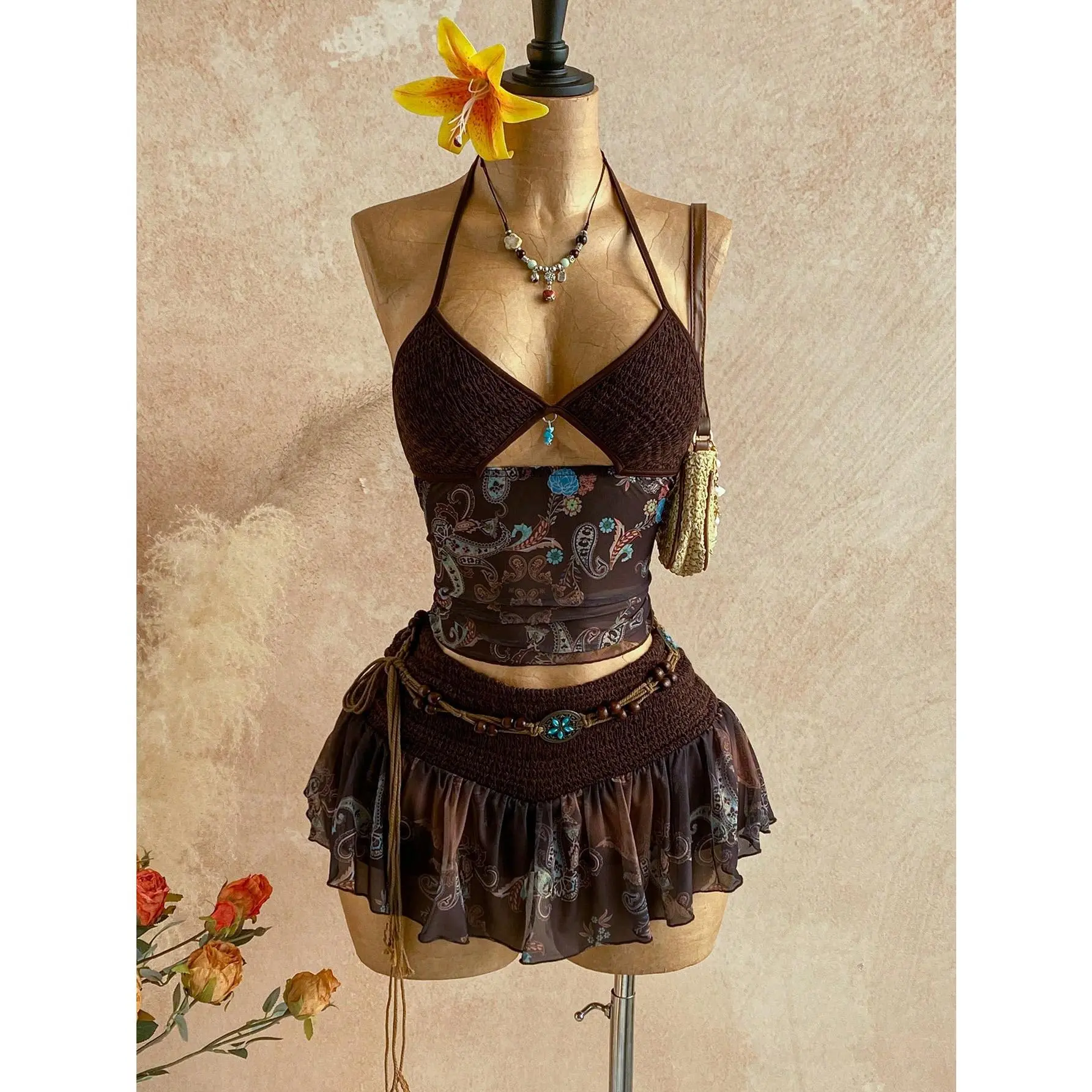 Women's Vacation Boho Print Hollow Design Halter Neck Tank Top And Mini Skirt Set