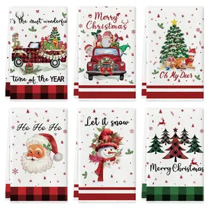 4/6pcs 15.7x23.6-inch Christmas kitchen towel and dishcloth set, Christmas kitchen decoration tea towel, including Santa Claus, trees, snowmen, truck patterns - Winter holiday party decoration gift