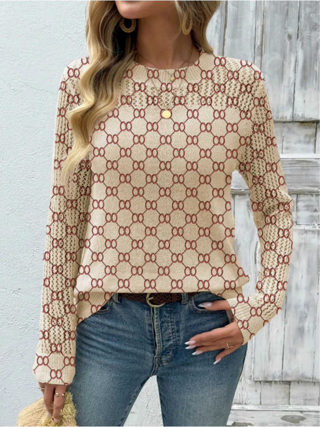 Women's Aesthetic Geometric Mesh Print Round Neck Sweater, Essential Casual Long Sleeve Knitwear for Fall Winter, Comfortable Warm Daily Wear Tops