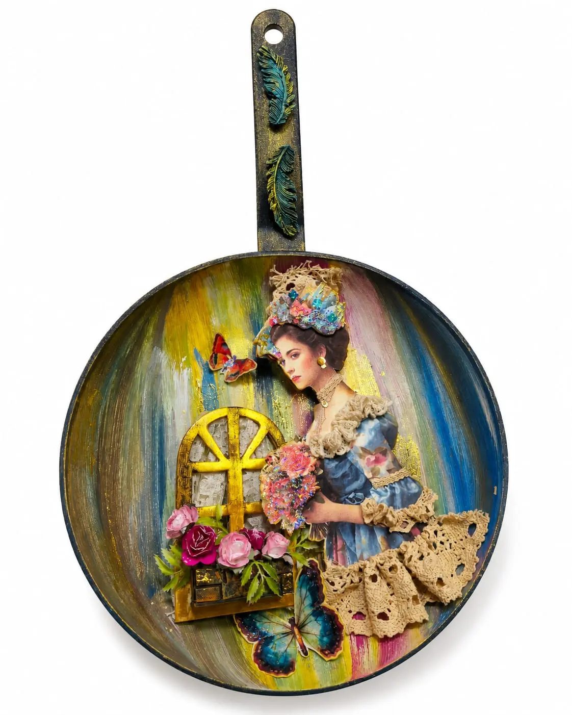Artistic Cast Iron Pan with Floral and Butterfly Design, Ideal for Cooking and Serving, Unique Decorative Kitchenware