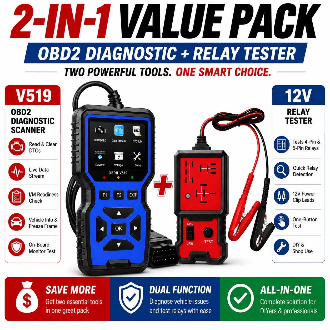 Car Diagnostic Scanner and Relay Testing Kit, V519 OBD2 Code Reader with DTC Library, Live Data, Voltage Check and 12V Clip Lead Relay Tester