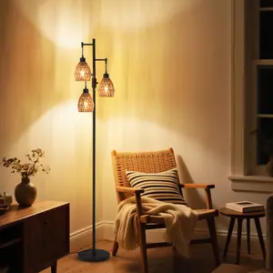 FLOWGO Boho Rattan Floor Lamp for Living Room, 70'' Dimmable Standing Lamp with cage shade, Vintage farmhouse floor lamp, Corner Floor Lamp, Perfect for living room, bedroom, office, this industrial farmhouse design adds rustic charm