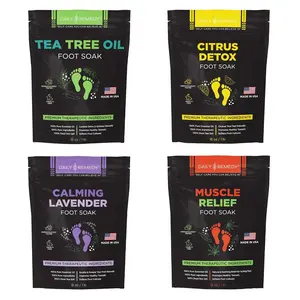 DAILY REMEDY Foot Soak Salts- Variety Pack of 4- Tea Tree Oil, Muscle Relief, Calming Lavender & Citrus Soak- For Foot Pain, Soreness, Athlete’s Foot, Odors, Calluses