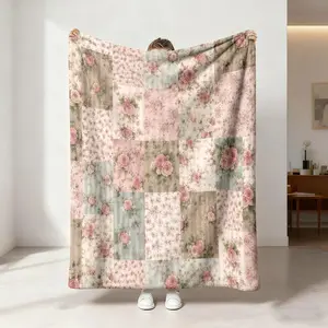 1 piece of retro pink rose patchwork style floral print flannel blanket soft and comfortable bed blanket sofa blanket camping and other uses available all year round