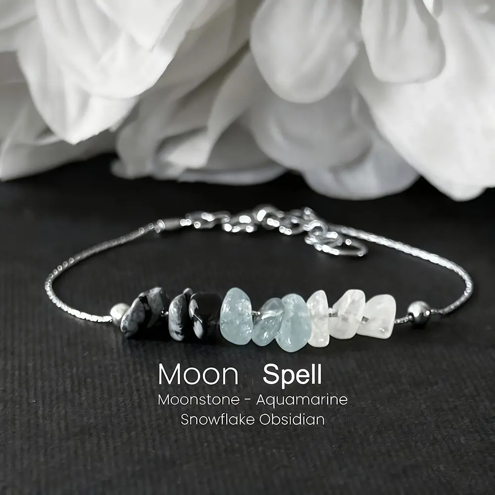 Non-Natural Crystal Moon Power Bracelet - Aquamarine, Snowflake Obsidian, Minimalist Bohemian Design - Intuitive Support, Manifestation Aid, Perfect Female Gift (Natural Material Color Differences & Gaps Are Not Quality Issues), Moonstone Bracelet, Adults