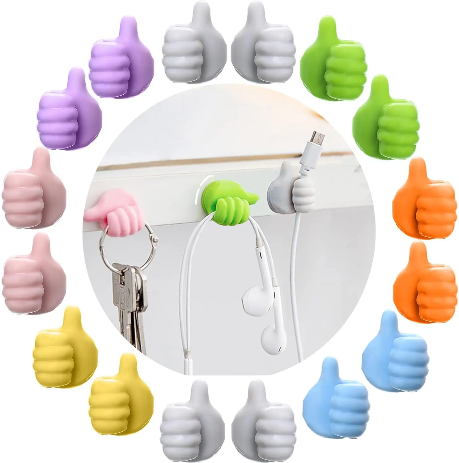 16Pcs Creative Silicone Thumb Wall Hook - Multifunction Adhesive Cable Clip Self Adhesive Thumb Cable Organizer Clips Key Hanger