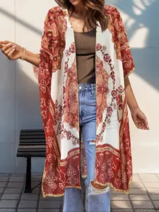 Women's Floral Print Open Front Cover Up, Casual Boho Half Sleeve Cover Up for Summer, Ladies Clothes for Beach Holiday Vacation, Swimwear Coverups, Swimsuit Coverup