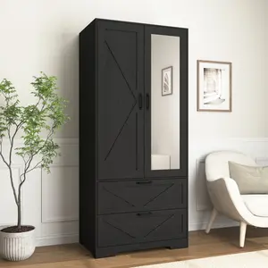 Black Tall Bedroom Wardrobe (31.5x19.68x71.65 in) - Moisture-Resistant Particle Board Closet with Hanging Rod, Hooks, Drawers, Built-In Induction Light, Modern Metal Handle, Drawer Organizer, Illuminated, Modular Storage, Drawer Organizer Wardrobes, Illum