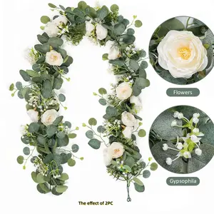 2pc 1.8M Faux Eucalyptus & White Rose vine, Artificial Silk Flowers - Wedding Party Decor for Arch Table Centerpiece Balcony Staircase