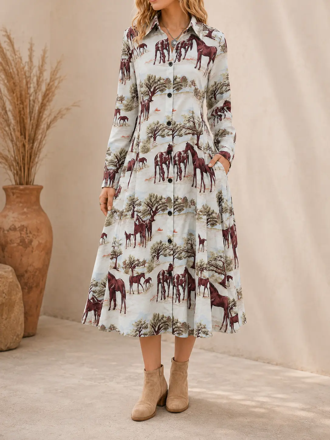 Women's Western Horse Print Midi Shirt Dress - Cowgirl Style, Collared Long Sleeves, Pockets, Fringe, Soft Comfortable, Everyday Statement Dress, Bag, Longsleeves